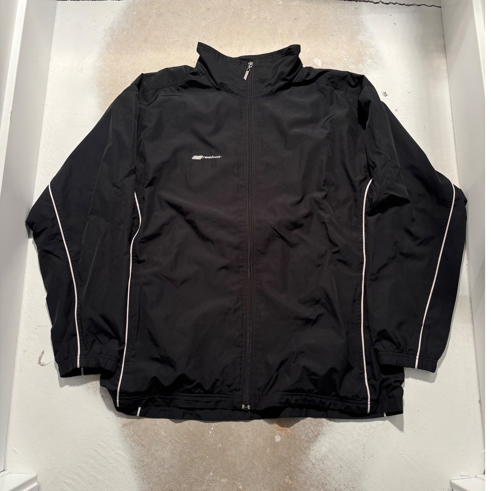 Reebok Mens Vintage Full Zip Track Jacket Black White Piping Windbreaker Large